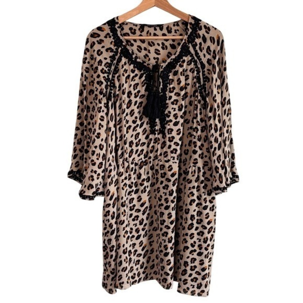 Kobi Halperin Silk Leopard Print Dress Tan Small Embroidered Tassel Boho